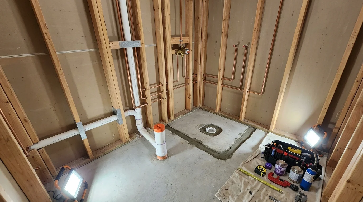 Bathroom rough-in plumbing during remodel by Johns Plumbing LLC in Drexel