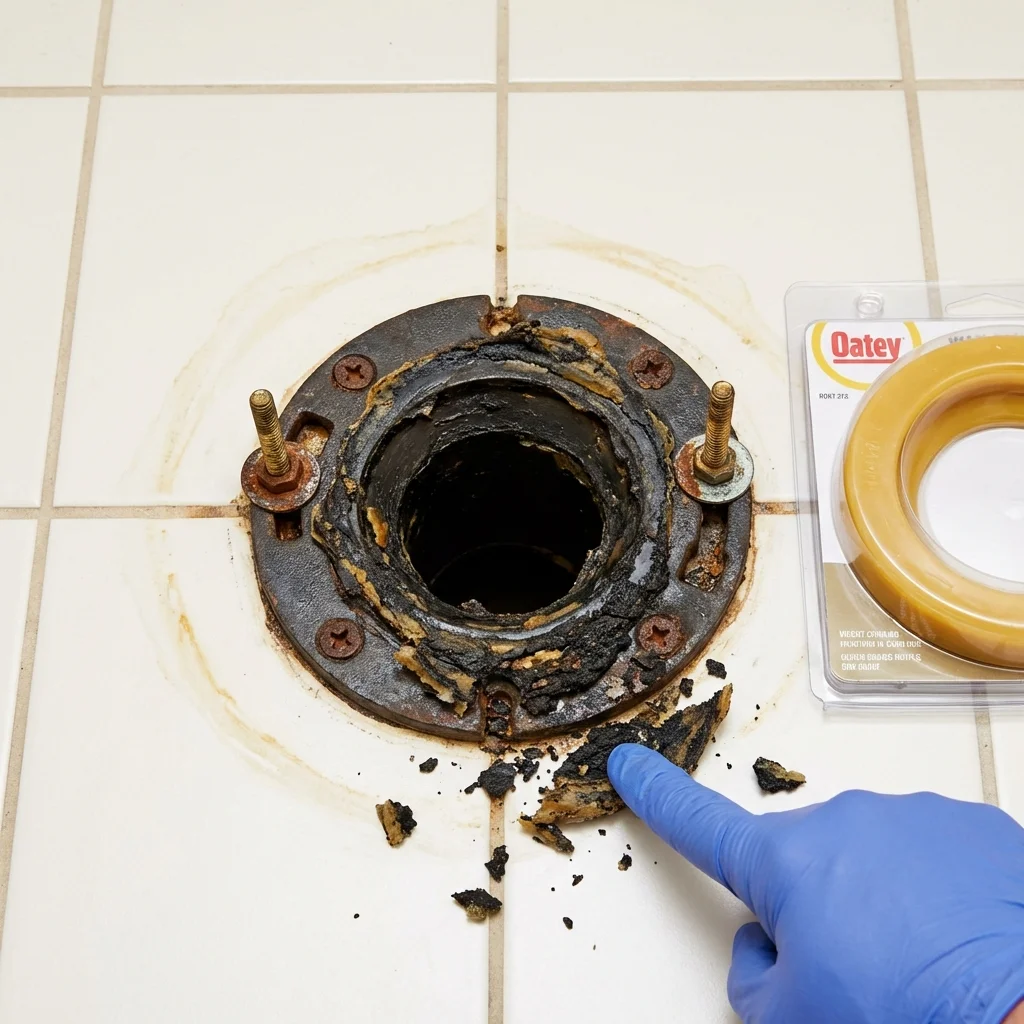 Failed wax ring showing water seepage at the base of a toilet in a Drexel, NC home